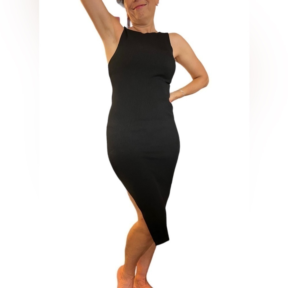 Midriff cutout Sweater Dress Cut out Waist 2 way, black, size L, side slit - Picture 5 of 7